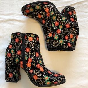 Fergie embroidered floral print suede booties